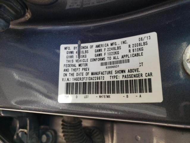 1HGCR2F31DA228672 - 2013 HONDA ACCORD LX GRAY photo 12