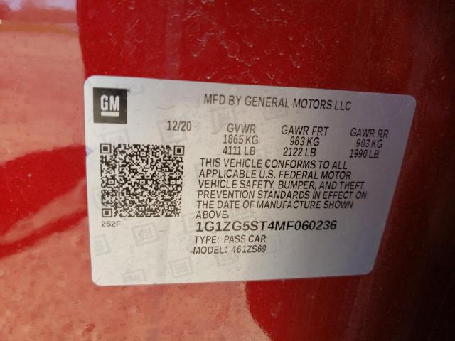 1G1ZG5ST4MF060236 - 2021 CHEVROLET MALIBU RS 红色 照片 12
