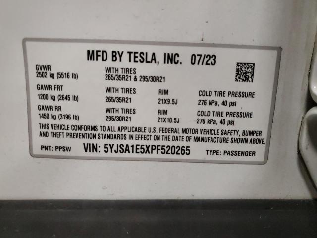5YJSA1E5XPF520265 - 2023 TESLA MODEL S WHITE photo 13