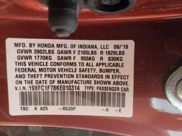 19XFC1F78KE010314 - 2019 HONDA CIVIC EXL წითელი ფოტო 12
