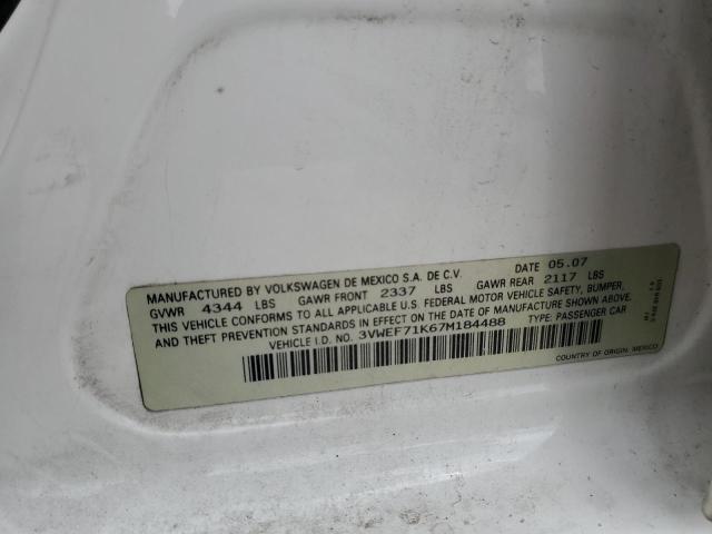 3VWEF71K67M184488 - 2007 VOLKSWAGEN JETTA WOLFSBURG 白色 照片 12