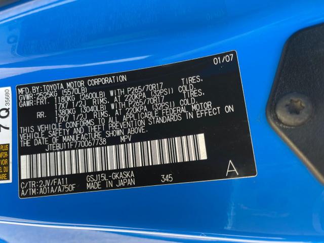 JTEBU11F770067738 - 2007 TOYOTA FJ CRUISER BLUE photo 10