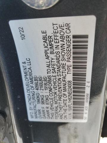 19XFL1H82NE024008 - 2022 HONDA CIVIC SPORT TOURING GRAY photo 12