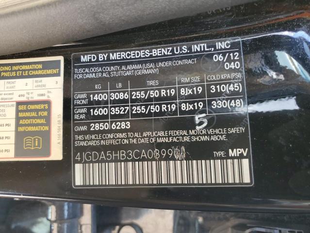 4JGDA5HB3CA089901 - 2012 MERCEDES-BENZ ML 350 4MATIC BLACK photo 12
