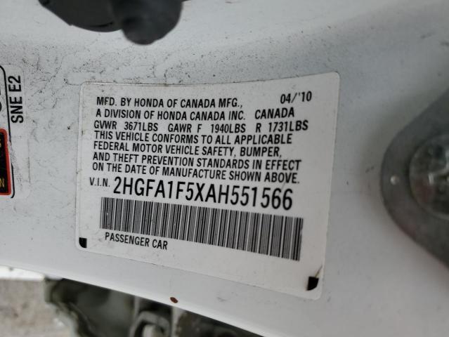 2HGFA1F5XAH551566 - 2010 HONDA CIVIC LX WHITE photo 13