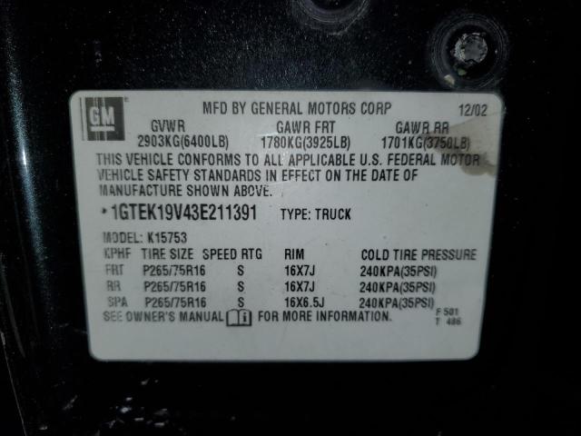 1GTEK19V43E211391 - 2003 GMC NEW SIERRA K1500 CHARCOAL photo 12