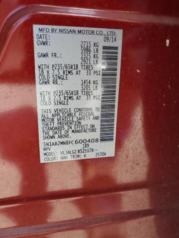 5N1AR2MN8FC600408 - 2015 NISSAN PATHFINDER S RED photo 14