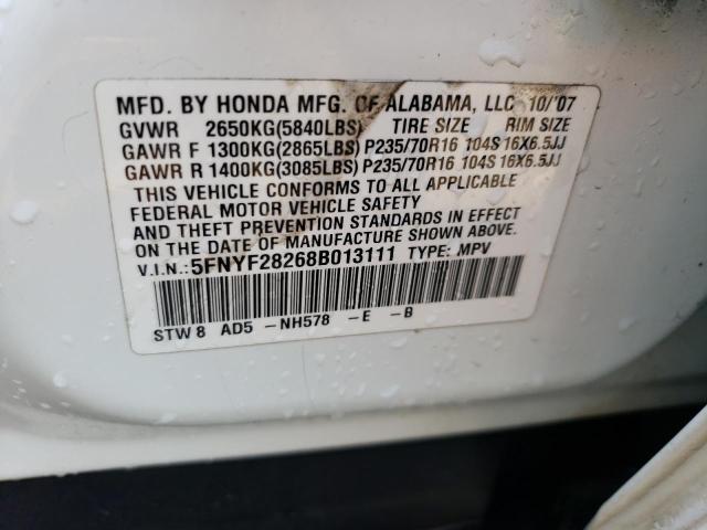 5FNYF28268B013111 - 2008 HONDA PILOT VP WHITE photo 12