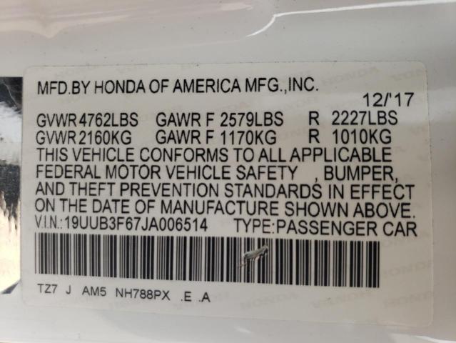 19UUB3F67JA006514 - 2018 ACURA TLX TECH+A WHITE photo 12