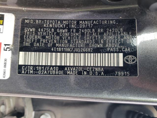 4T1B11HK7JU526682 - 2018 TOYOTA CAMRY L GRAY photo 12