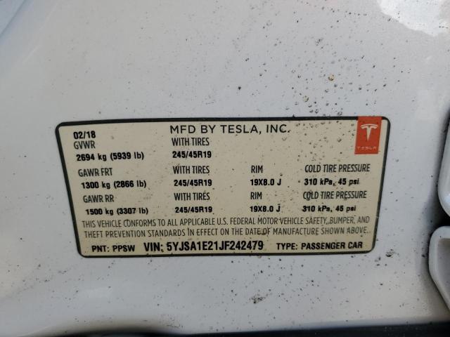 5YJSA1E21JF242479 - 2018 TESLA MODEL S 白色 照片 10