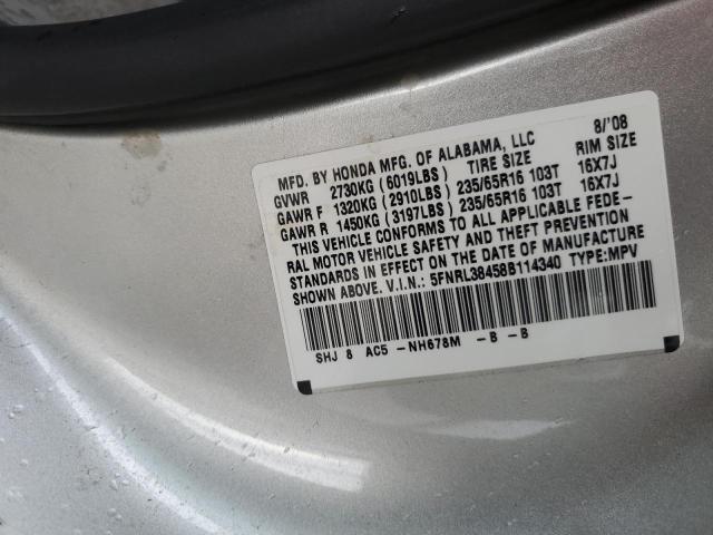 5FNRL38458B114340 - 2008 HONDA ODYSSEY EX SILVER photo 12