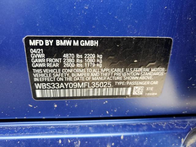WBS33AY09MFL35025 - 2021 BMW M3 COMPETITION BLUE photo 12