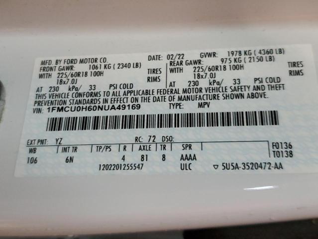 1FMCU0H60NUA49169 - 2022 FORD ESCAPE SEL Beyaz fotoğraf 13