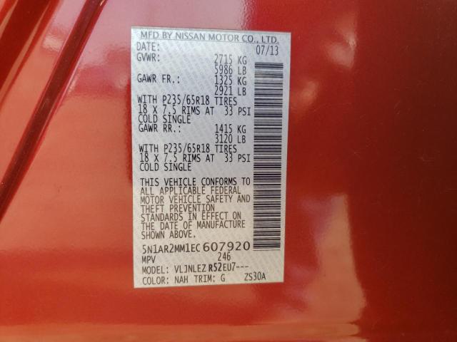 5N1AR2MM1EC607920 - 2014 NISSAN PATHFINDER S RED photo 13