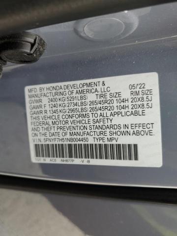 5FNYF7H51NB004450 - 2022 HONDA PASSPORT EXL Gri fotoğraf 14