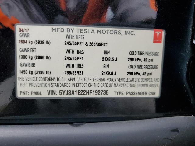 5YJSA1E22HF192735 - 2017 TESLA MODEL S BLACK photo 12