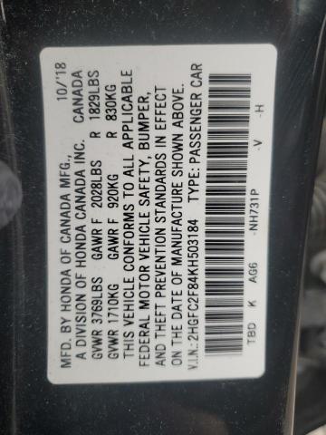 2HGFC2F84KH503184 - 2019 HONDA CIVIC SPORT 黑色 照片 13