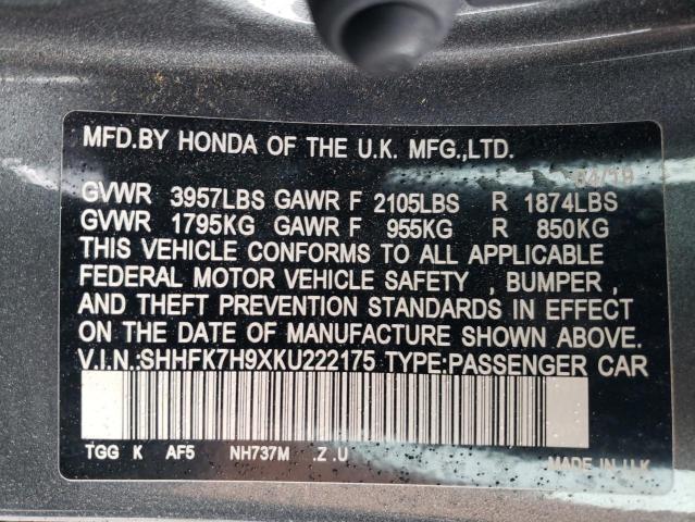 SHHFK7H9XKU222175 - 2019 HONDA CIVIC SPORT TOURING GRAY photo 12