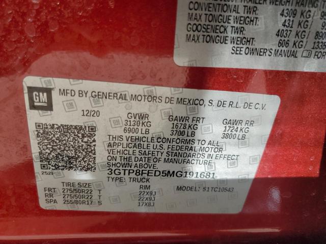 3GTP8FED5MG191681 - 2021 GMC SIERRA C1500 DENALI BURGUNDY photo 12