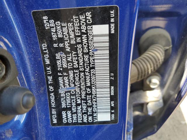 SHHFK7H98KU209733 - 2019 HONDA CIVIC SPORT TOURING BLUE photo 12