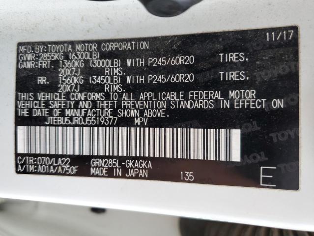 JTEBU5JR0J5519377 - 2018 TOYOTA 4RUNNER SR5/SR5 PREMIUM 白色 照片 13