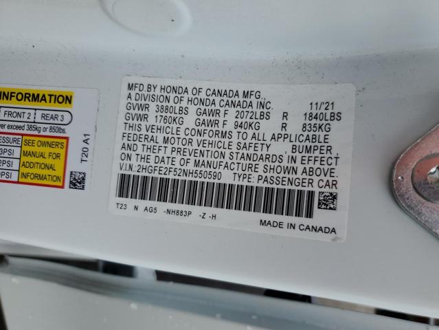 2HGFE2F52NH550590 - 2022 HONDA CIVIC SPORT WHITE photo 13