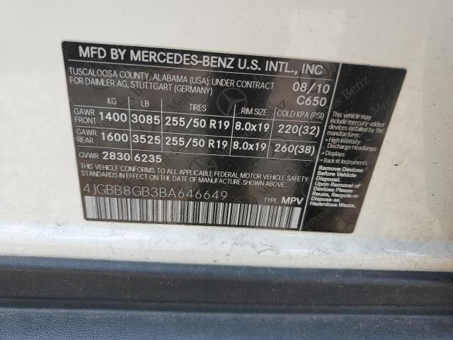 4JGBB8GB3BA646649 - 2011 MERCEDES-BENZ ML 350 4MATIC WHITE photo 13
