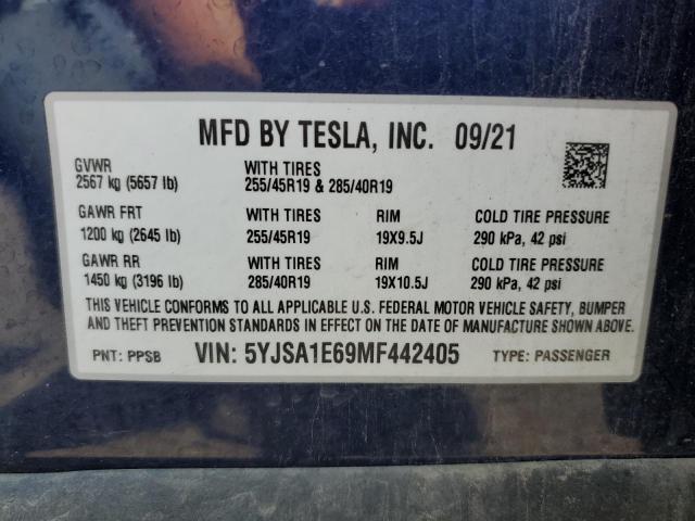 5YJSA1E69MF442405 - 2021 TESLA MODEL S BLUE photo 12