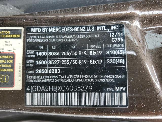 4JGDA5HBXCA035379 - 2012 MERCEDES-BENZ ML 350 4MATIC BROWN photo 12