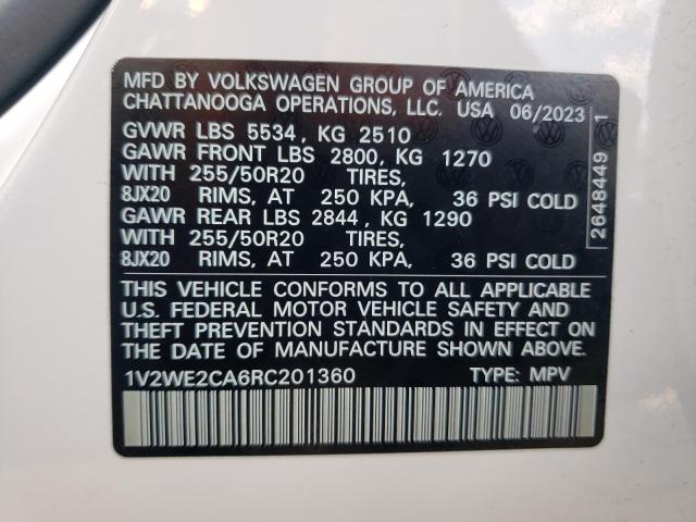 1V2WE2CA6RC201360 - 2024 VOLKSWAGEN ATLAS CROS SE Biały zdjęcie 14