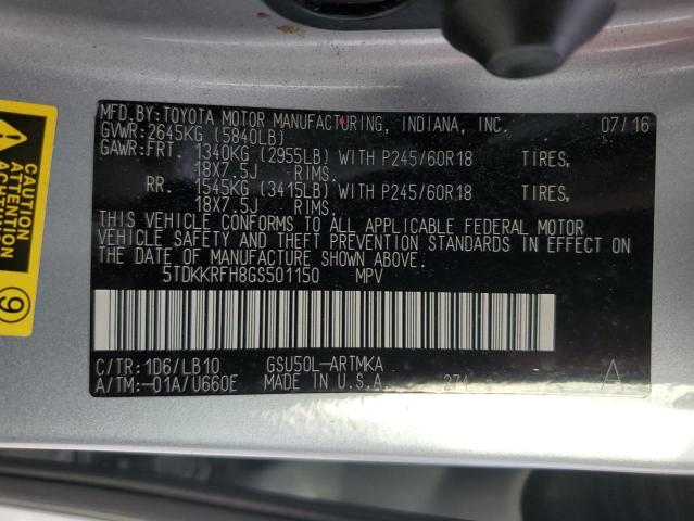 5TDKKRFH8GS501150 - 2016 TOYOTA HIGHLANDER XLE SILVER photo 13