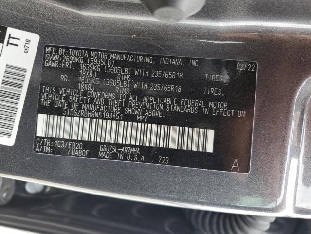 5TDGZRBH8NS193451 - 2022 TOYOTA HIGHLANDER XLE GRAY photo 13