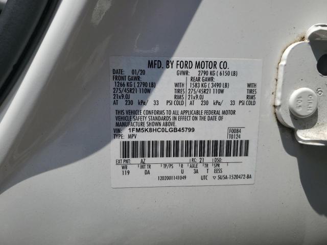 1FM5K8HC0LGB45799 - 2020 FORD EXPLORER PLATINUM WHITE photo 13