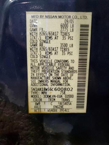 5N1AR18W56C600802 - 2006 NISSAN PATHFINDER LE BLUE photo 13