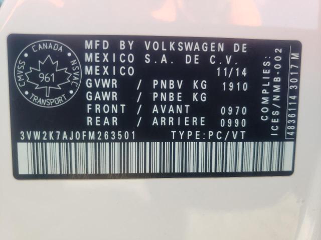 3VW2K7AJ0FM263501 - 2015 VOLKSWAGEN JETTA BASE თეთრი ფოტო 12