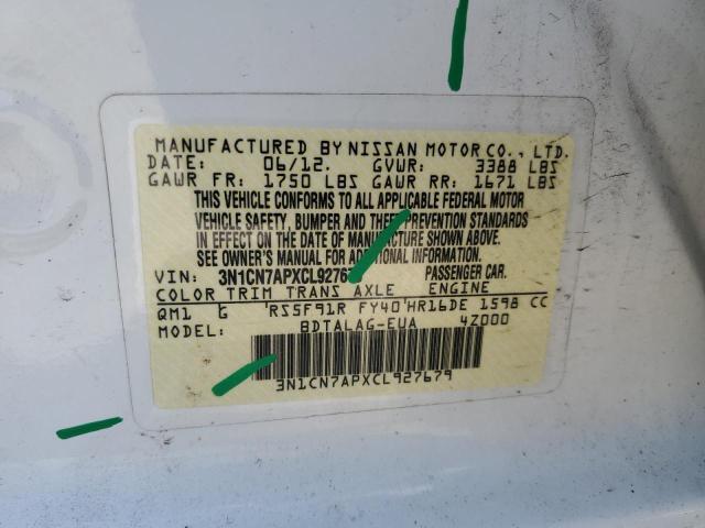 3N1CN7APXCL927679 - 2012 NISSAN VERSA S WHITE photo 13