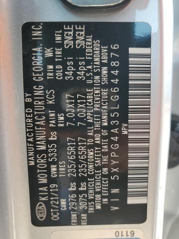 5XYPG4A35LG644876 - 2020 KIA SORENTO L SILVER photo 12