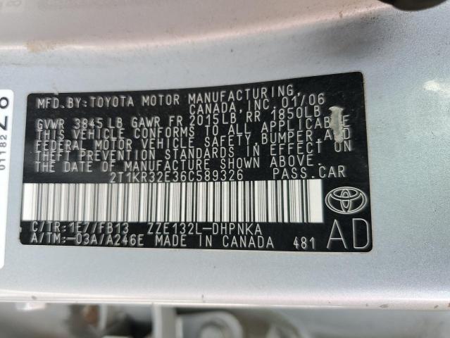 2T1KR32E36C589326 - 2006 TOYOTA COROLLA MA XR SILVER photo 12