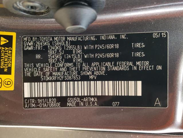 5TDKKRFH2FS087653 - 2015 TOYOTA HIGHLANDER XLE Boz foto 13