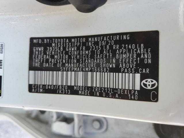 5YFEPMAE4MP166682 - 2021 TOYOTA COROLLA LE WHITE photo 12