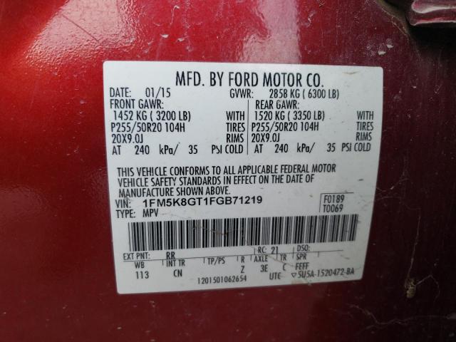 1FM5K8GT1FGB71219 - 2015 FORD EXPLORER SPORT RED photo 13