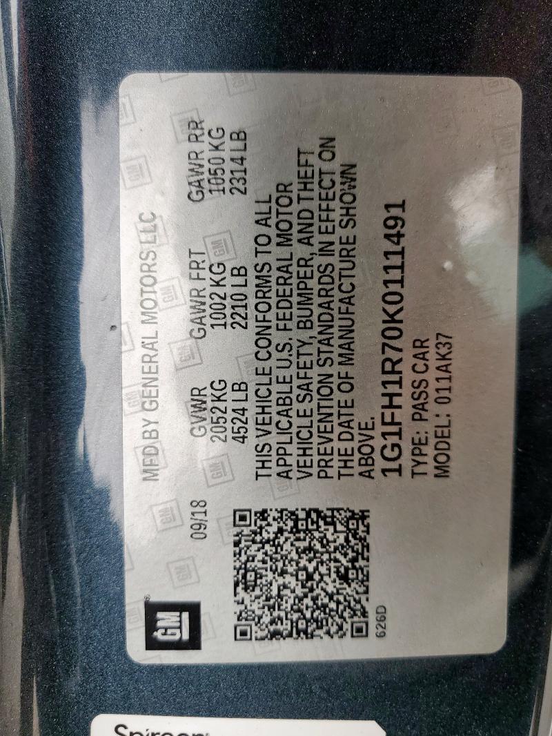 1G1FH1R70K0111491 - 2019 CHEVROLET CAMARO SS CHARCOAL photo 12