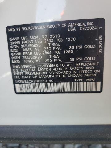 1V2WE2CA7RC259140 - 2024 VOLKSWAGEN ATLAS CROS SE Beyaz fotoğraf 13