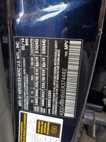 4JGDA5HB6EA374482 - 2014 MERCEDES-BENZ ML 350 4MATIC BLUE photo 10