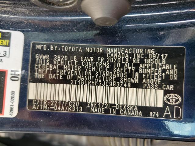 2T1BURHE3JC983748 - 2018 TOYOTA COROLLA L ლურჯი ფოტო 13