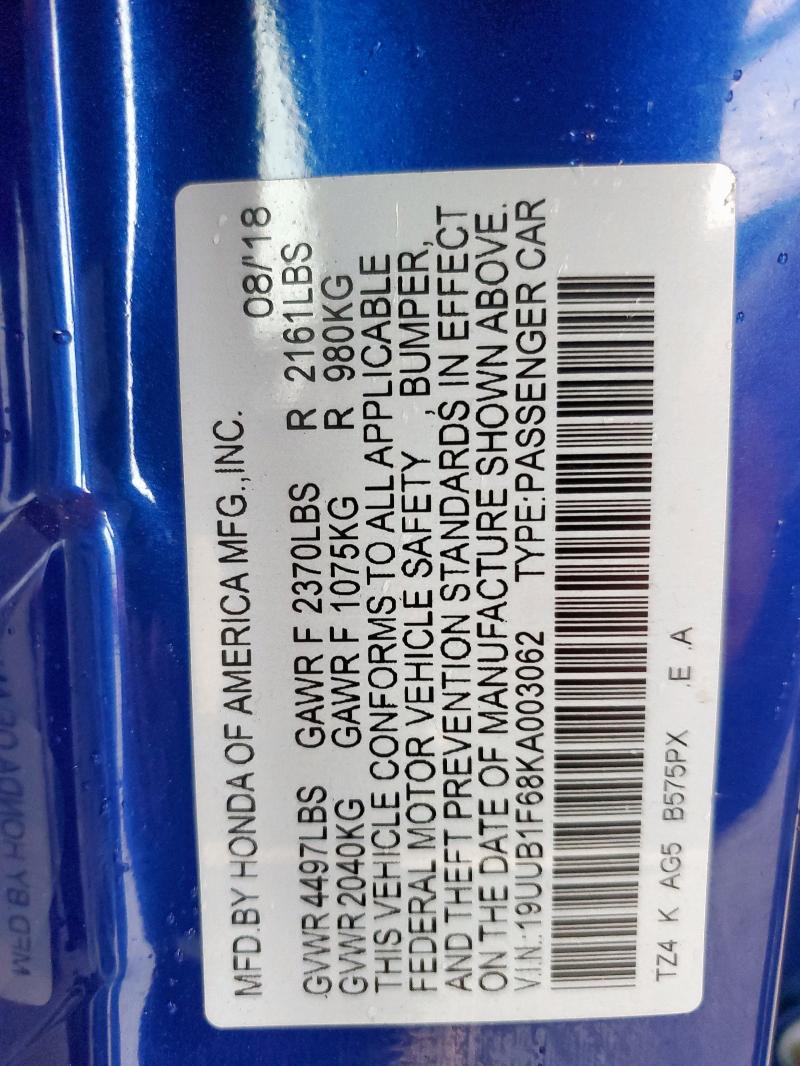 19UUB1F68KA003062 - 2019 ACURA TLX TECHNOLOGY 蓝色 照片 12
