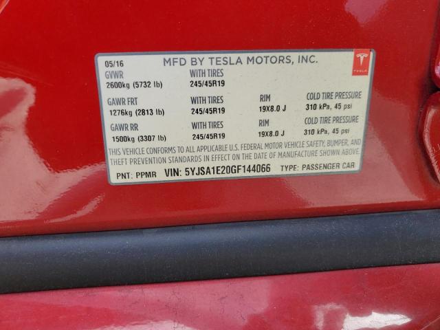 5YJSA1E20GF144066 - 2016 TESLA MODEL S RED photo 12