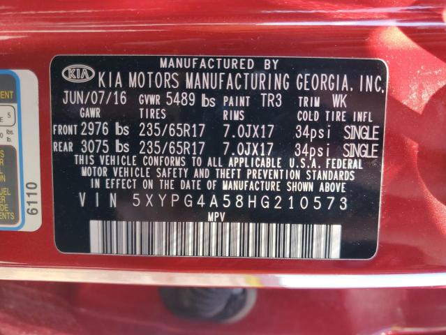 5XYPG4A58HG210573 - 2017 KIA SORENTO LX RED photo 12