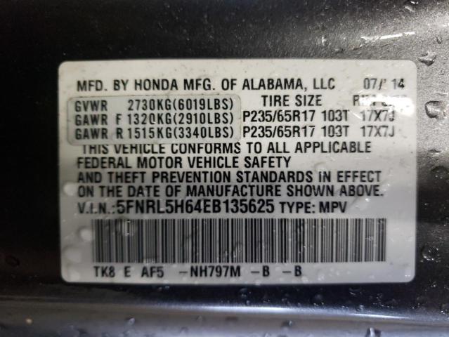 5FNRL5H64EB135625 - 2014 HONDA ODYSSEY EXL GRAY photo 13